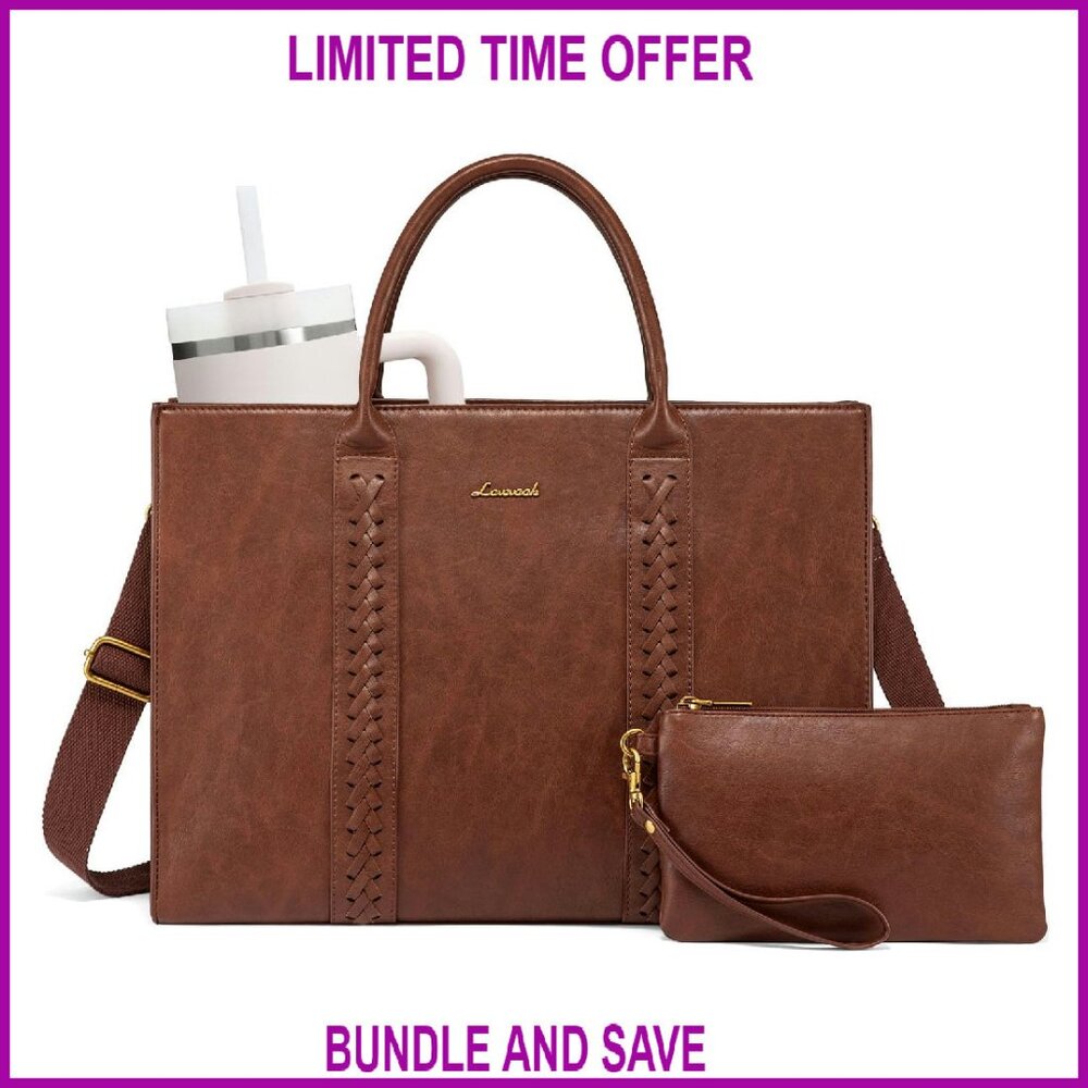 17 Inch Laptop Tote Bag, Waterproof Leather Work Briefcase With Shoulder Strap